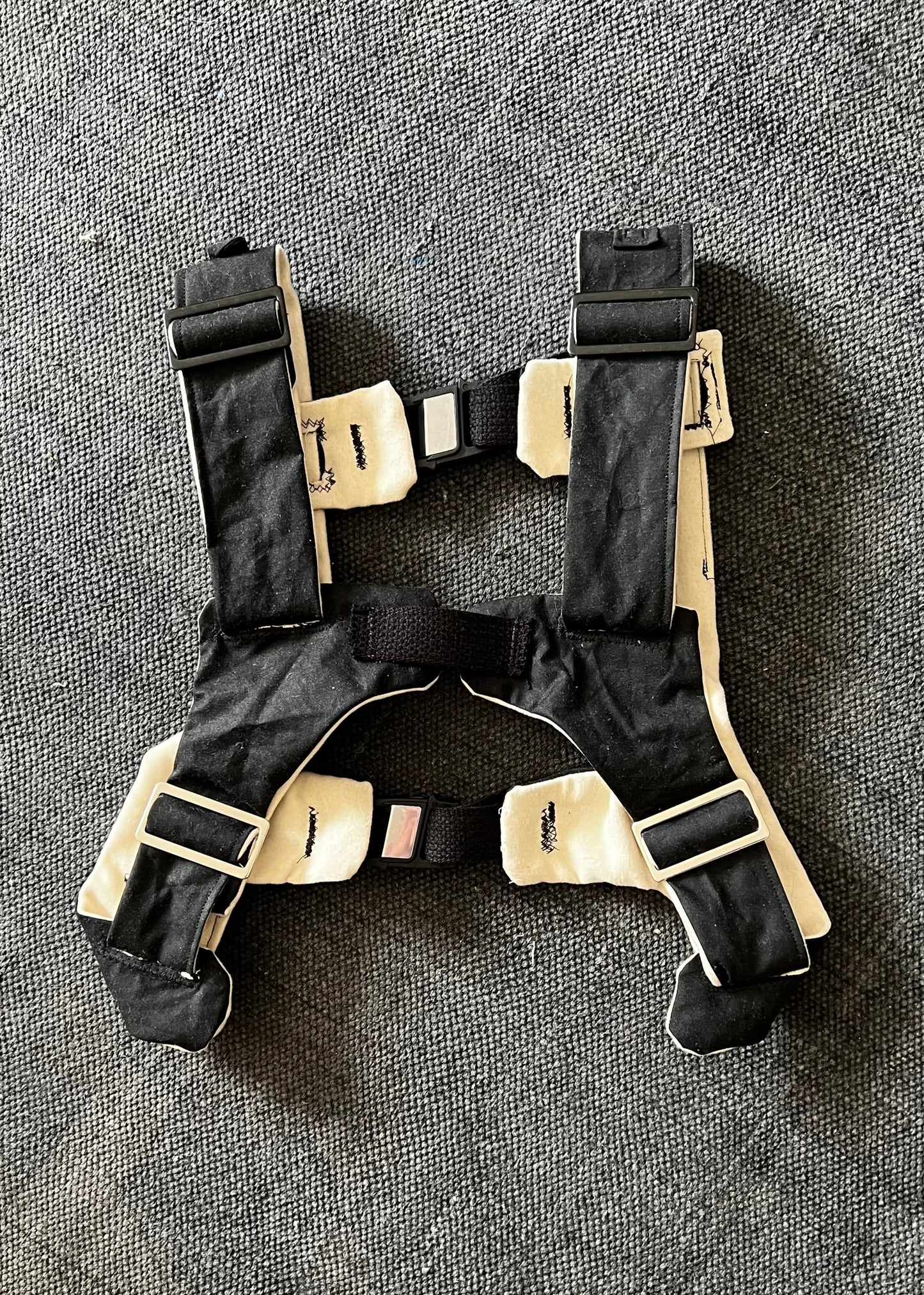 Black and White Backpack Strap Harness