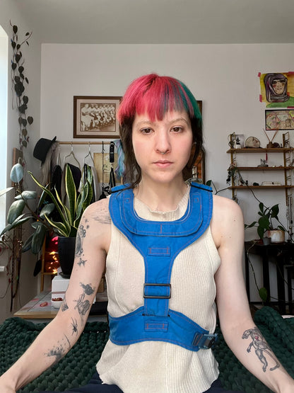 Blue Harness with Orange Topstitch
