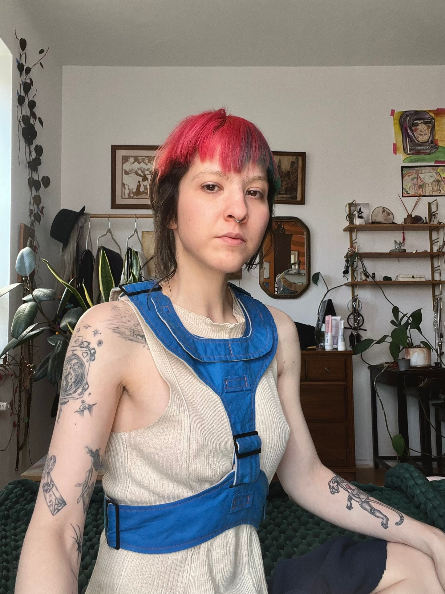 Blue Harness with Orange Topstitch