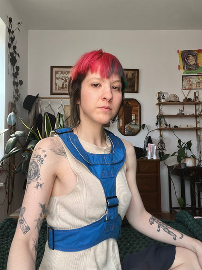 Blue Harness with Orange Topstitch