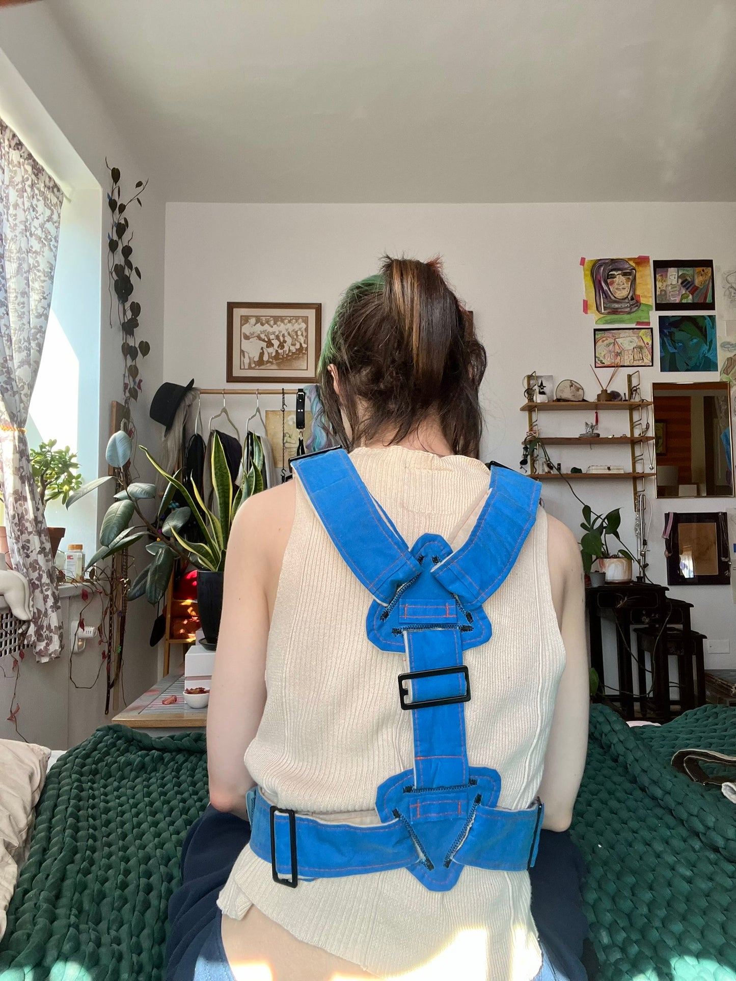 Blue Harness with Orange Topstitch