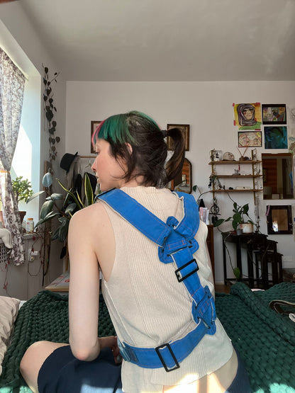 Blue Harness with Orange Topstitch